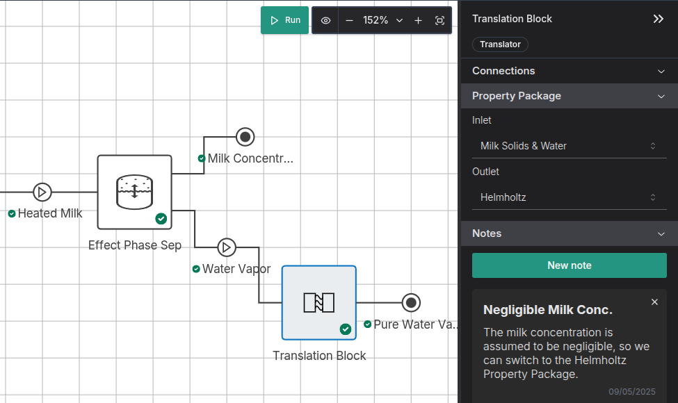 Initial Implementation of a Translation block in the platform, switching a stream from the milk property package to Helmholtz